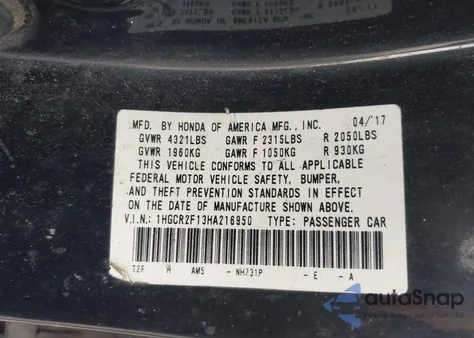 2017 Honda Accord Sport Se from USA, damaged, VIN 1HGCR2F13HA216950